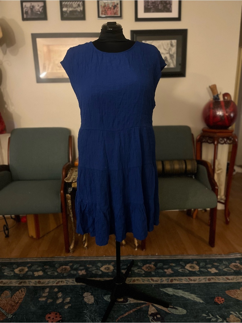 Cap Sleeve Royal Blue Midi Dress with Subtle Texture
